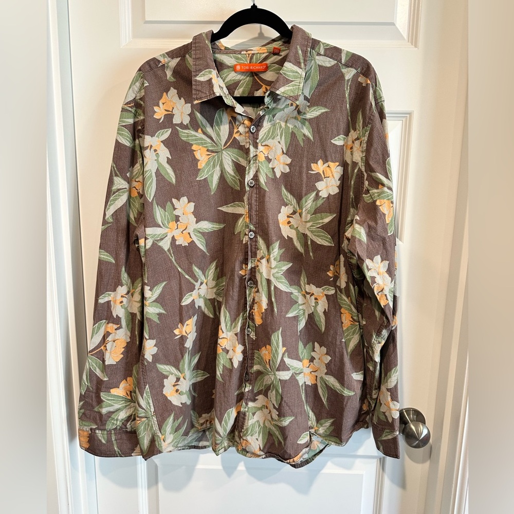 Tori Richard Men’s 2XL Button-Down Shirt Brown Floral Stretch Cotton Blend - EUC
